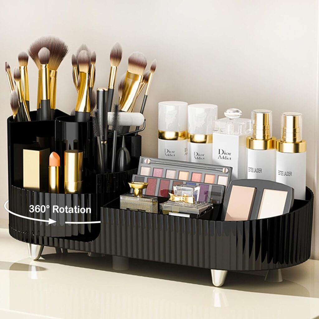 Rotating Makeup Organizer for Vanity with Brush Holder